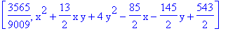 [3565/9009, x^2+13/2*x*y+4*y^2-85/2*x-145/2*y+543/2]